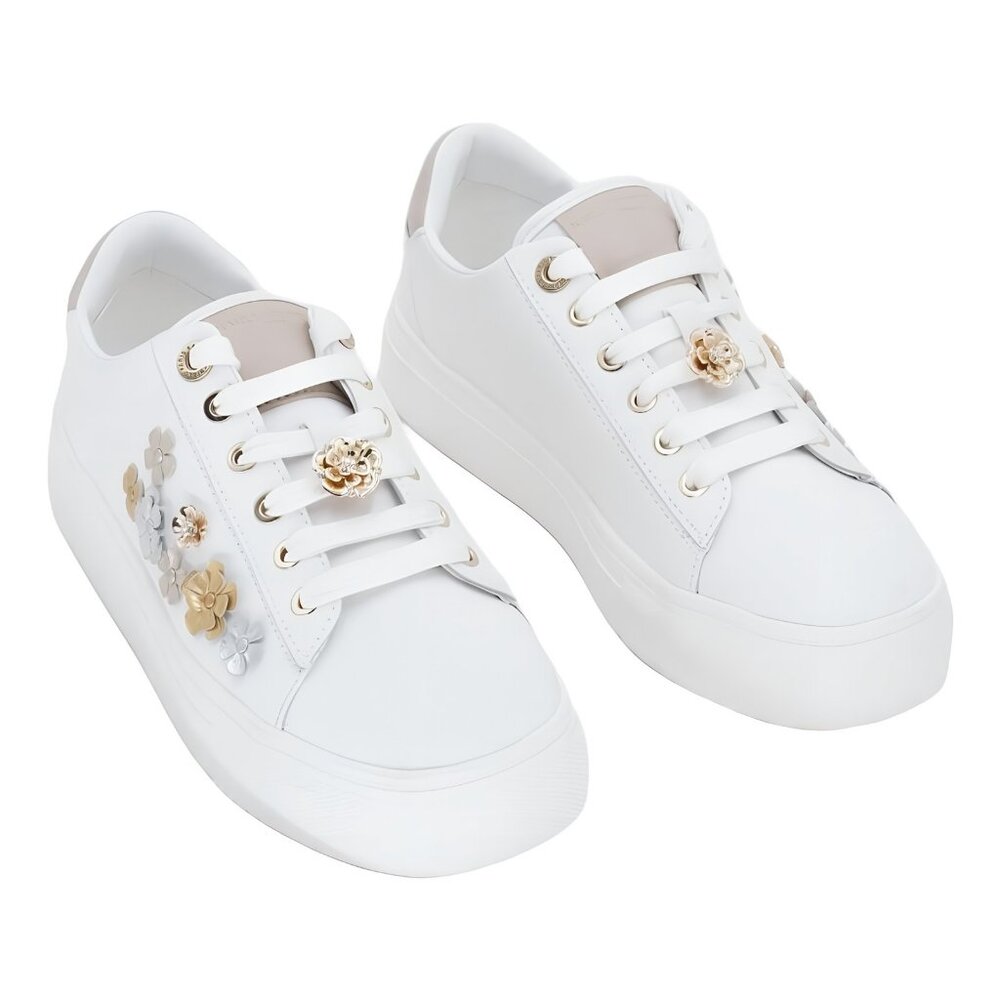 Karl Lagerfeld Cate Fleur Lace-Up Sneakers White Dusty Nude US 6.5M EU 37 - Picture 1 of 6
